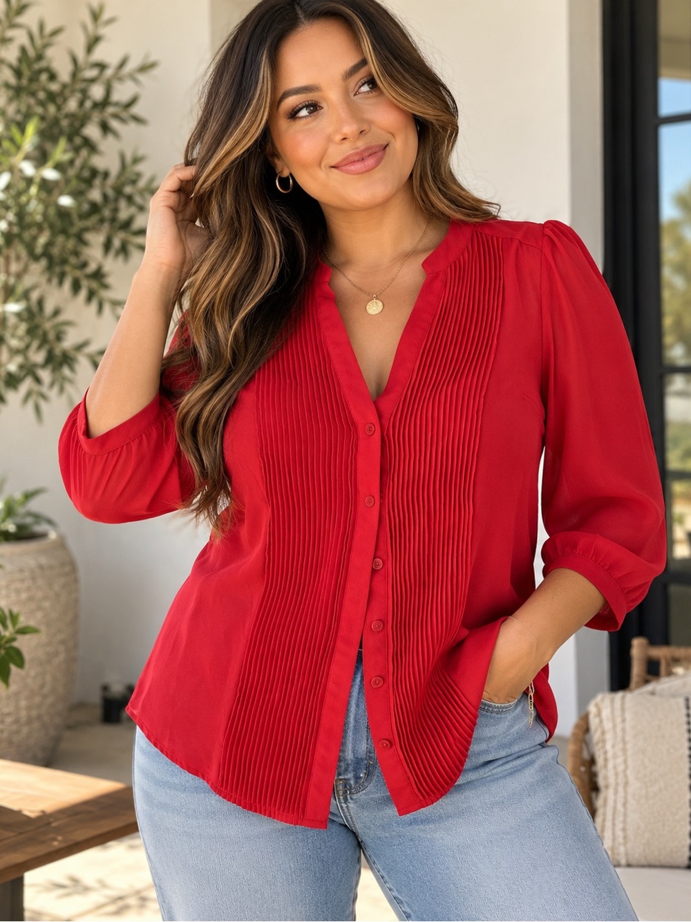 H&M Red Pleated Button Front Blouse Women’s Size 8